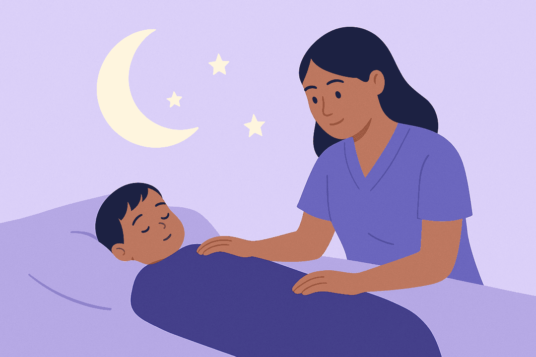 Nacht-Nanny betreut schlafendes Kind unter dem Mondlicht - friedliche Nachtszene